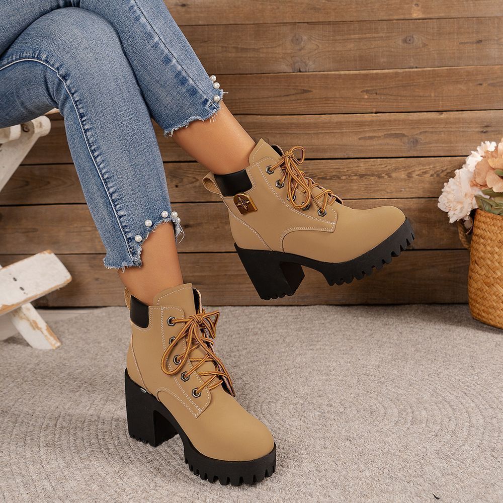 Women's thick heel platform lace-up ankle boots